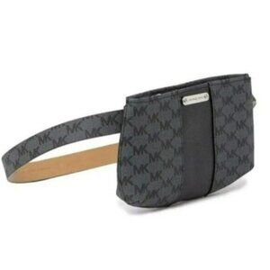 Michael Kors, New, MK Gray Black Logo Pebbled Leather Belt Bag, Small, Medium